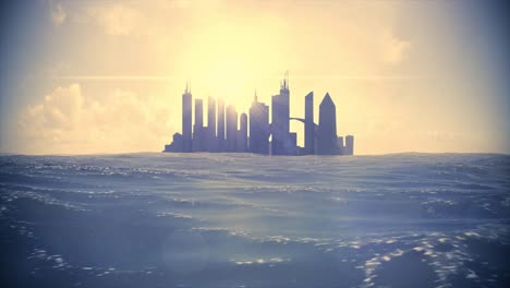 Cityscape-skyline-ocean-rising-sea-level-silhouette-skyscraper-future-island-4k